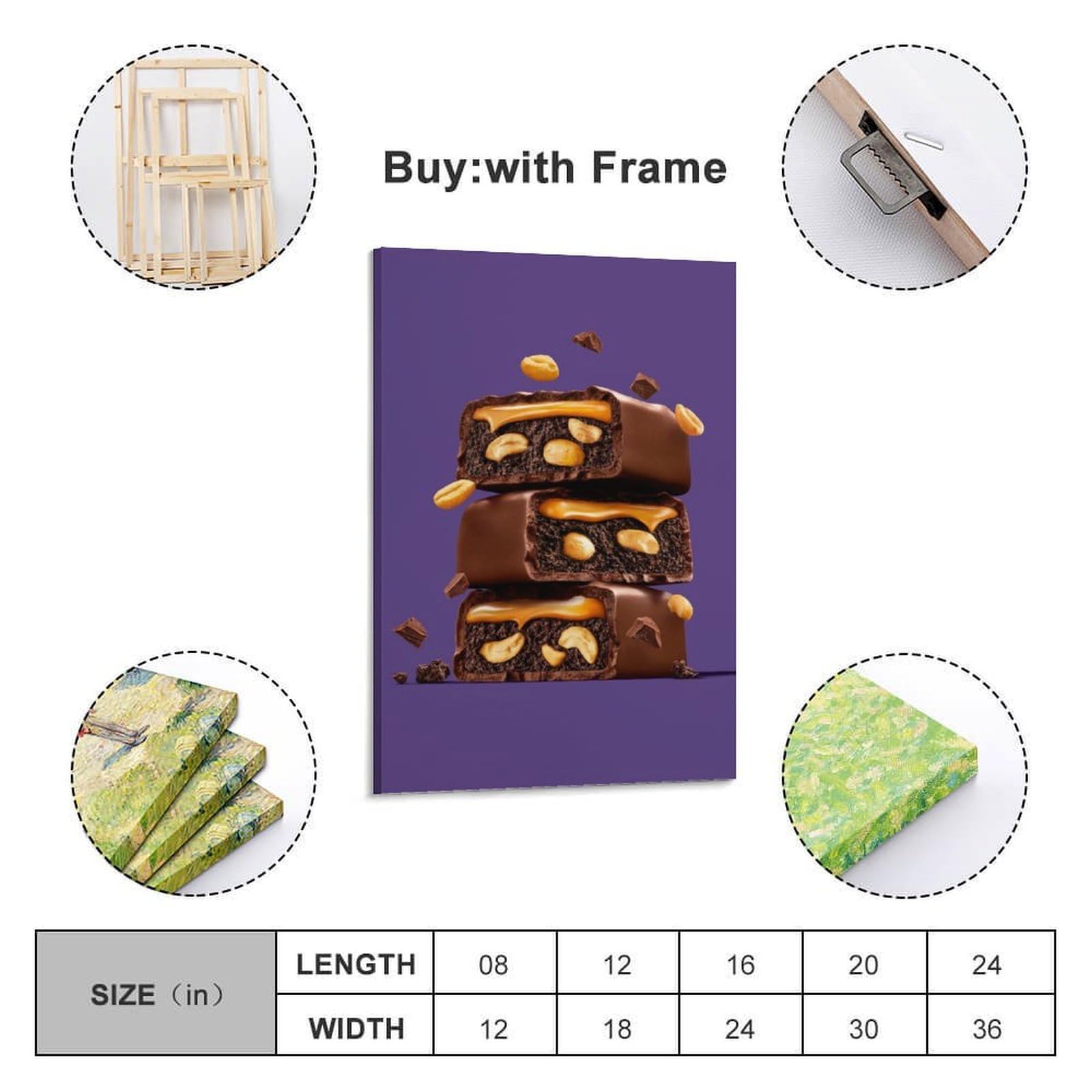 WIZIGM Fotografiertes Erdnusskaramell, gefülltes Schokoladentafel-Poster, moderne Wandkunst, Leinwand, ästhetische Dekoration, Gemälde, 50 x 75 cm, Rahmenstil