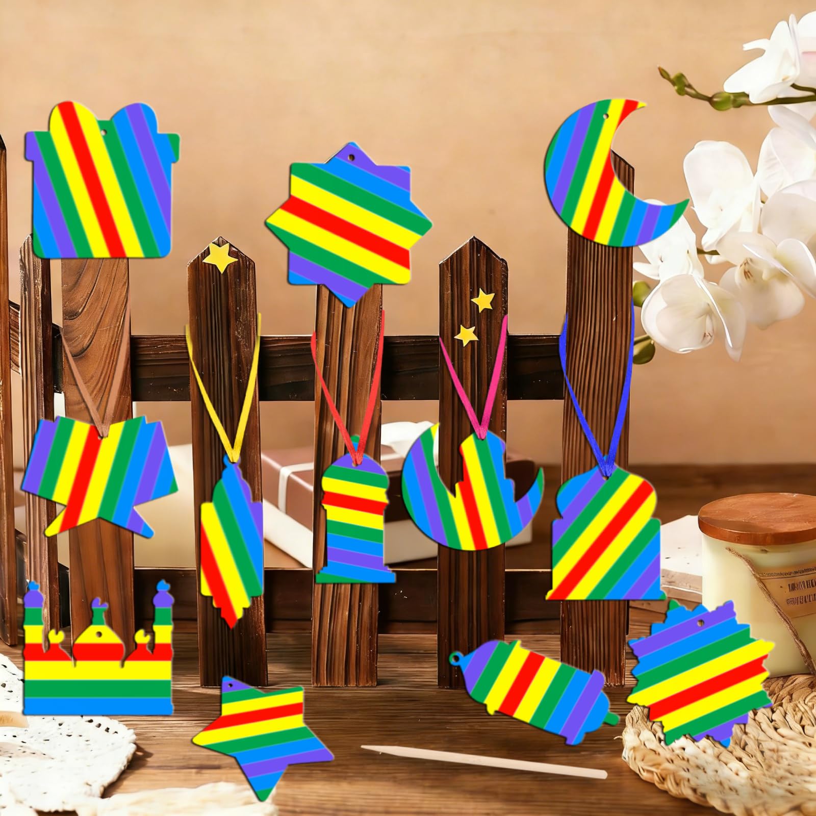 36 PCS Ramadan Eid Scratch Art for Kids Ramadan Lantern Moon Star Castle Shaped Rainbow Paper Eid Mubarak Decorations with Ribbon - Image 2