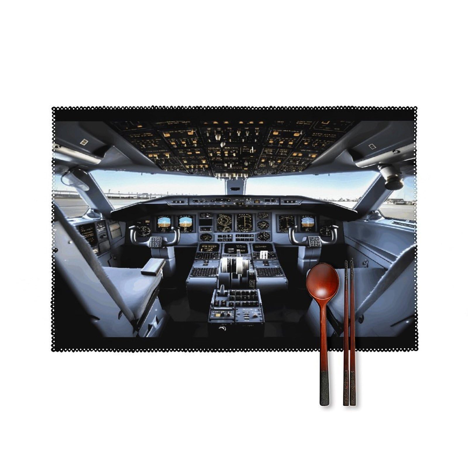 Airplane Cockpit Placemats Set of 4 Canvas Washable Cloth Place Mats Wipeable Heat Resistant Table Mats Elegant Cloth Placemat for Kitchen Dinning Party Table Decor 12" X 18"
