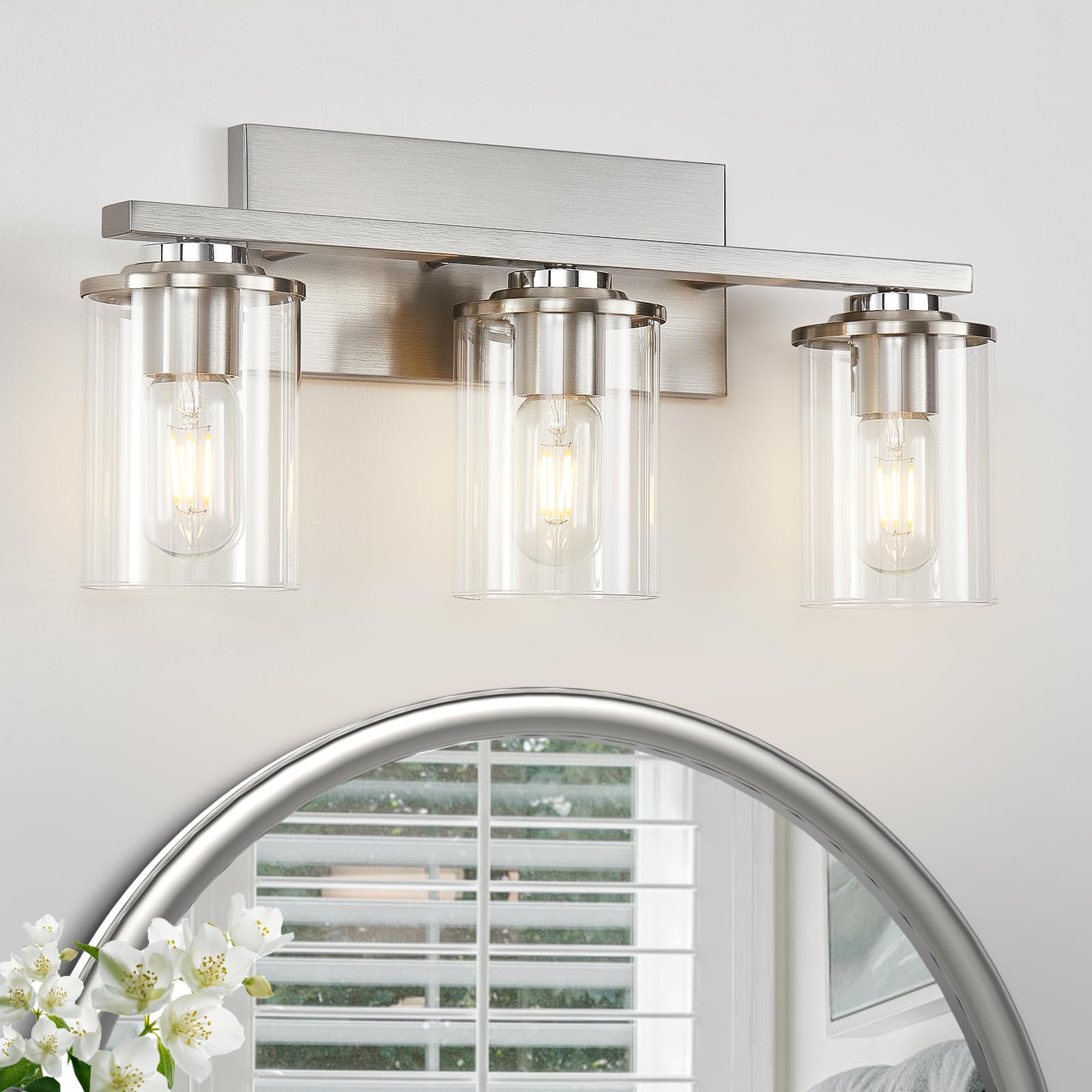 Doltoro 3-Light Bathroom Light Fixtures, Brushed Nickel Vanity Lights for Bathroom with Clear Glass Shade, Modern Bathroom Vanity Light Over Mirror with E26 Base