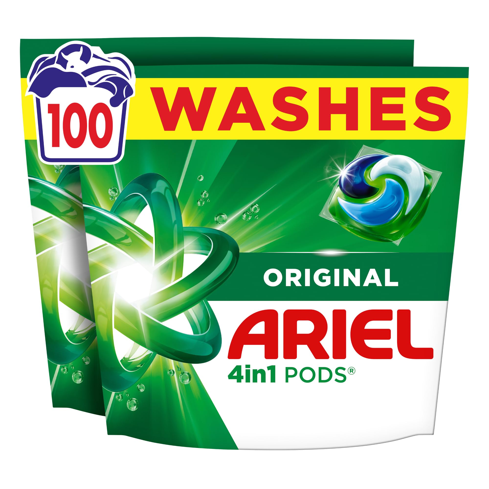 Ariel 4in1 PODS®, Washing Liquid Laundry Detergent Capsules 100 Washes, Original, Stain & Odour Removal in 1 Wash, Great Even in Cold & Short