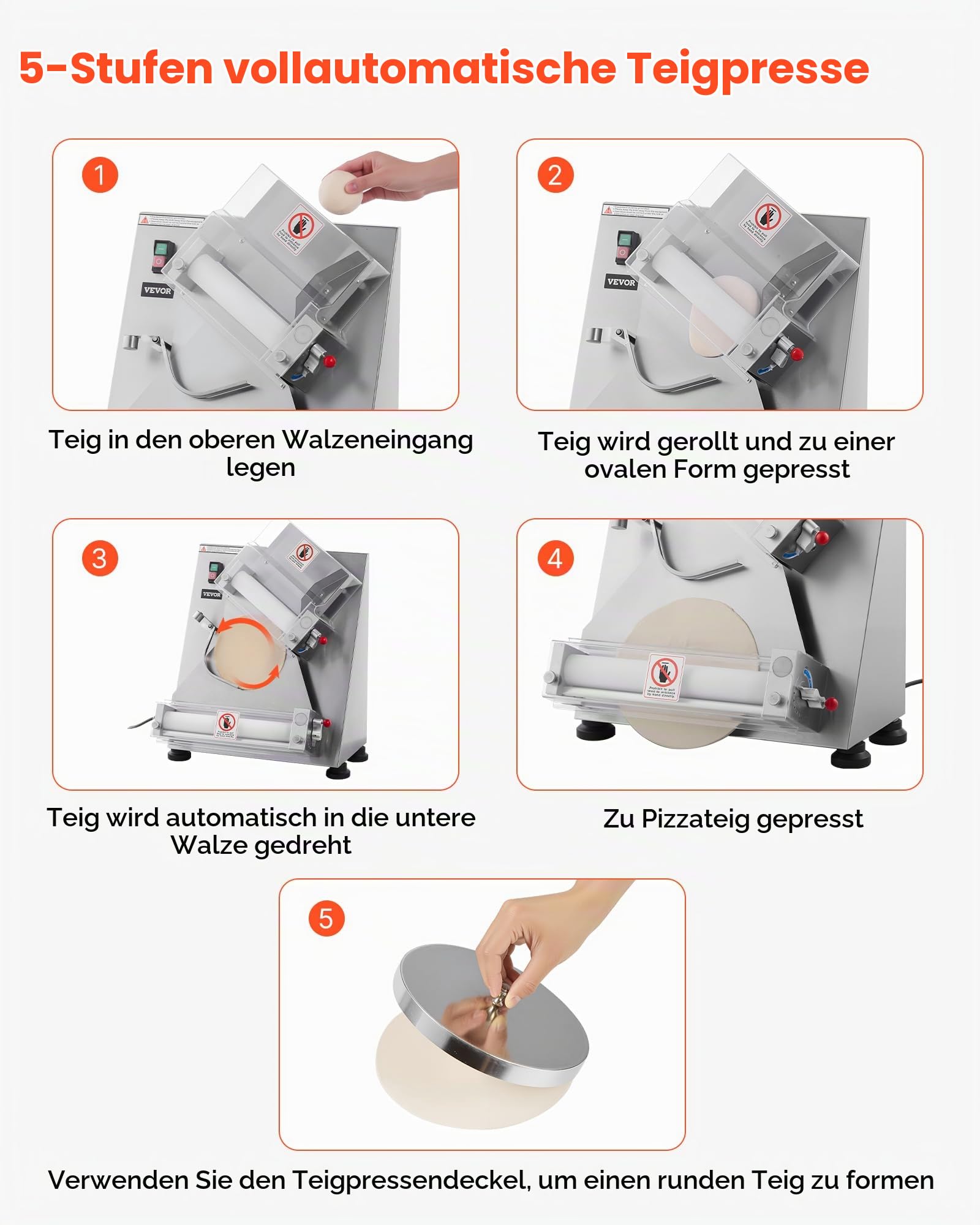 VEVOR elektrische Pizzateigpresse 355,6 mm Gebäck-Pressplatte, Brotpresse automatisch 370 W aus Edelstahl, kommerzieller Chapati Presse, Formmaschine mit einstellbarer Dicke, Teigstücke pro Stunde