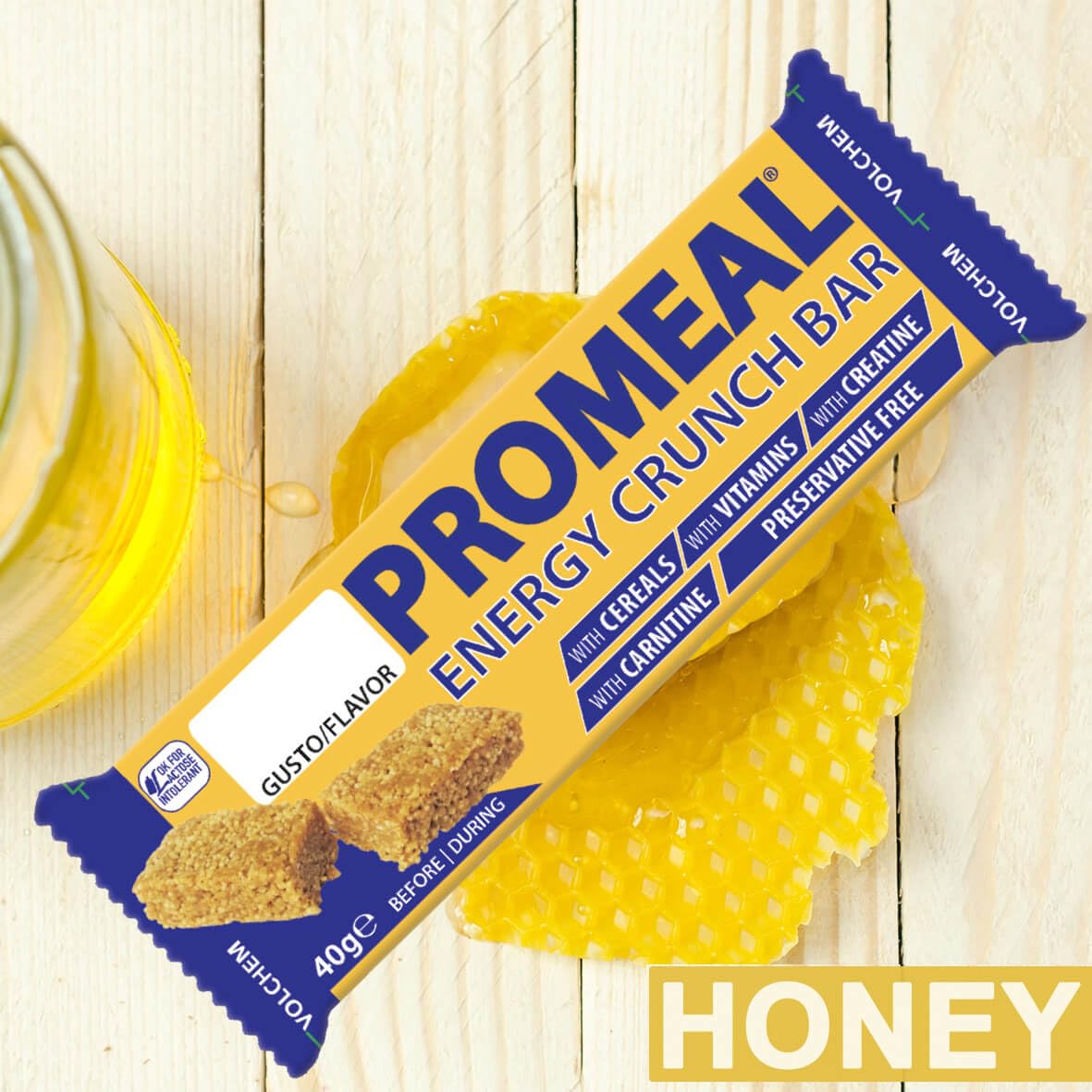 Volchem Promeal Energy Crunch, Barretta Energetica con Polimeri di Glucosio, Carnitina, Creatina e Vitamine, Senza Conservanti, Coloranti e Dolcificanti, Scatola da 30 Barrette, Gusto Miele, 1200 g