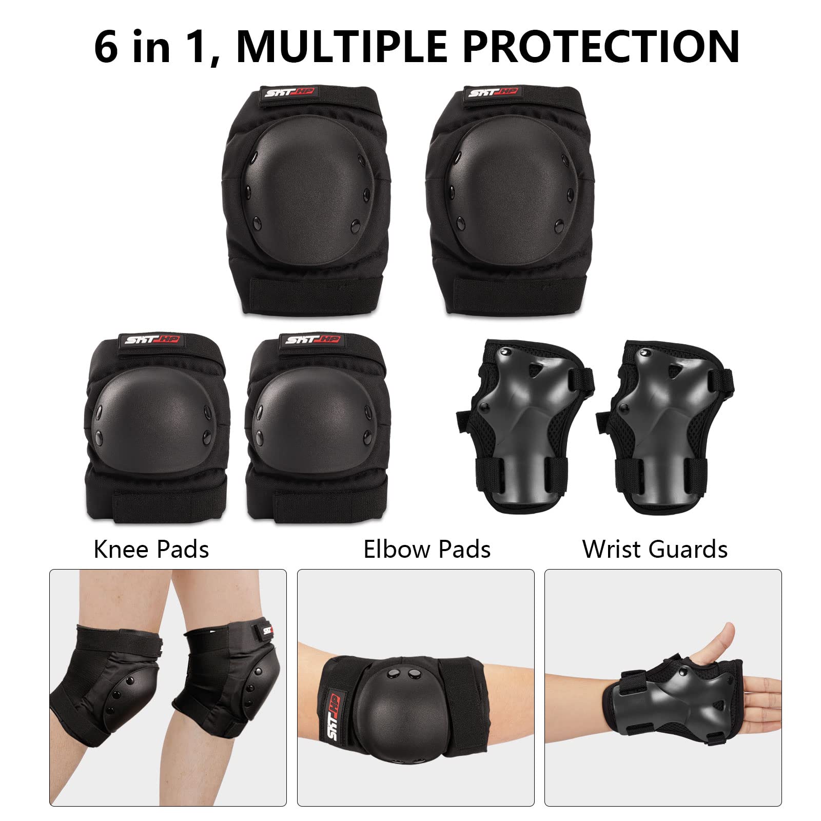 Rodilleras para patineta para adultos, rodilleras para mujeres, hombres, jóvenes, muñequeras para patinaje sobre ruedas, color negro 5