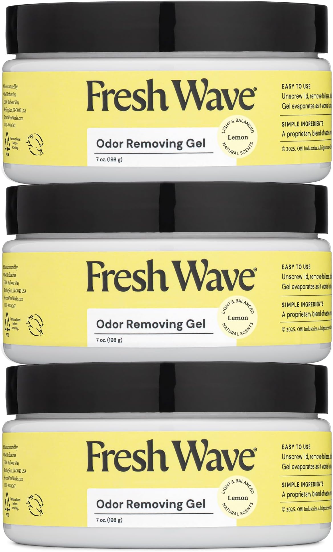 Fresh Wave Lemon Odor Removing Gel, 7 oz., Pack of 3 - Safer Odor Absorbers for Home, Natural Plant-Based Odor Eliminator, Every 7 oz. lasts 15-30 Days, For Cooking, Trash & Pets