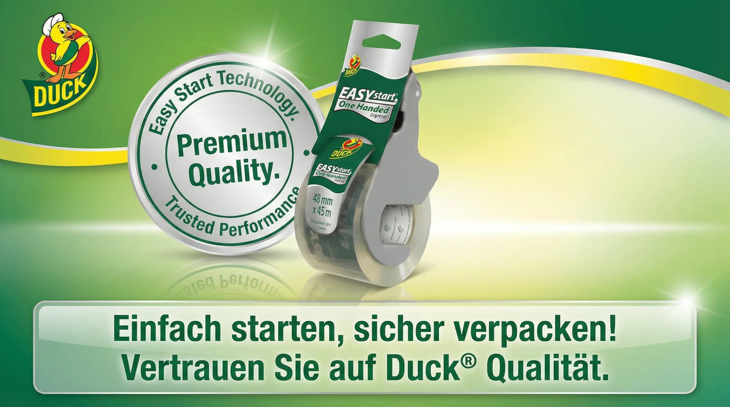 DUCK Easy Start taśma do pakowania – przezroczysta taśma klejąca do starannego, szybkiego pakowania jedną ręką – również do ciężkich kartonów – 48 mm x 45 m
