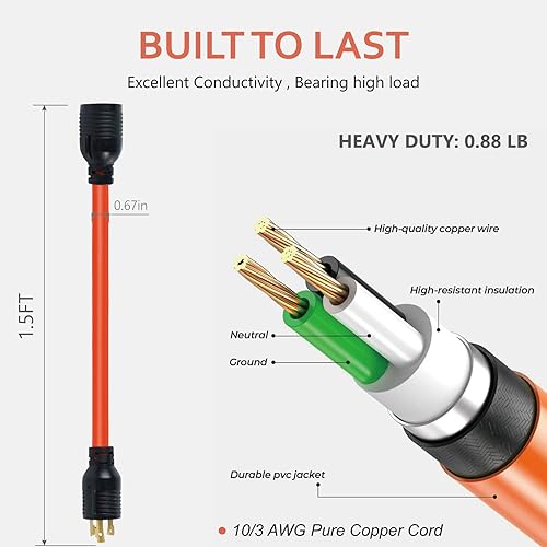 Miniatura 5 de Adaptador de generador RV de 30 amperios, 14 pulgadas, 3 clavijas, L5-30P, bloqueo giratorio, enchufe macho a hembra TT-30R, cable adaptador de