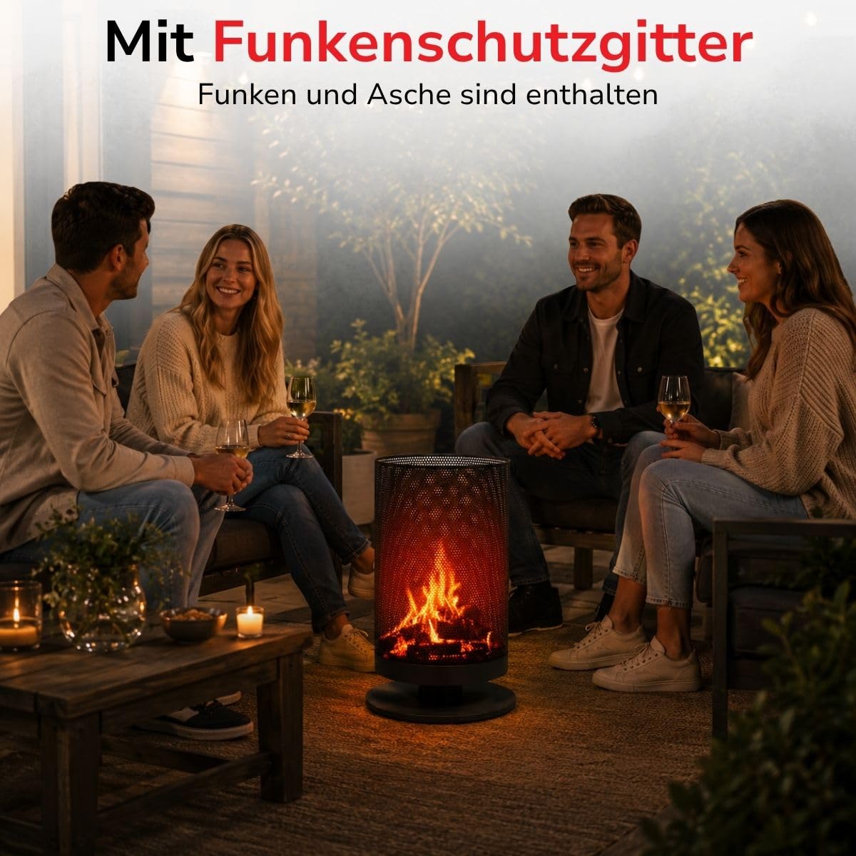BBQ Collection Feuertonne mit Funkenschutz - Feuerkorb 44,5 x 72,5 cm - Terassenofen mit Schürhaken - Feuerstelle Outdoor für Garten und Terrasse - Terrassenfeuer - Karbonstahl