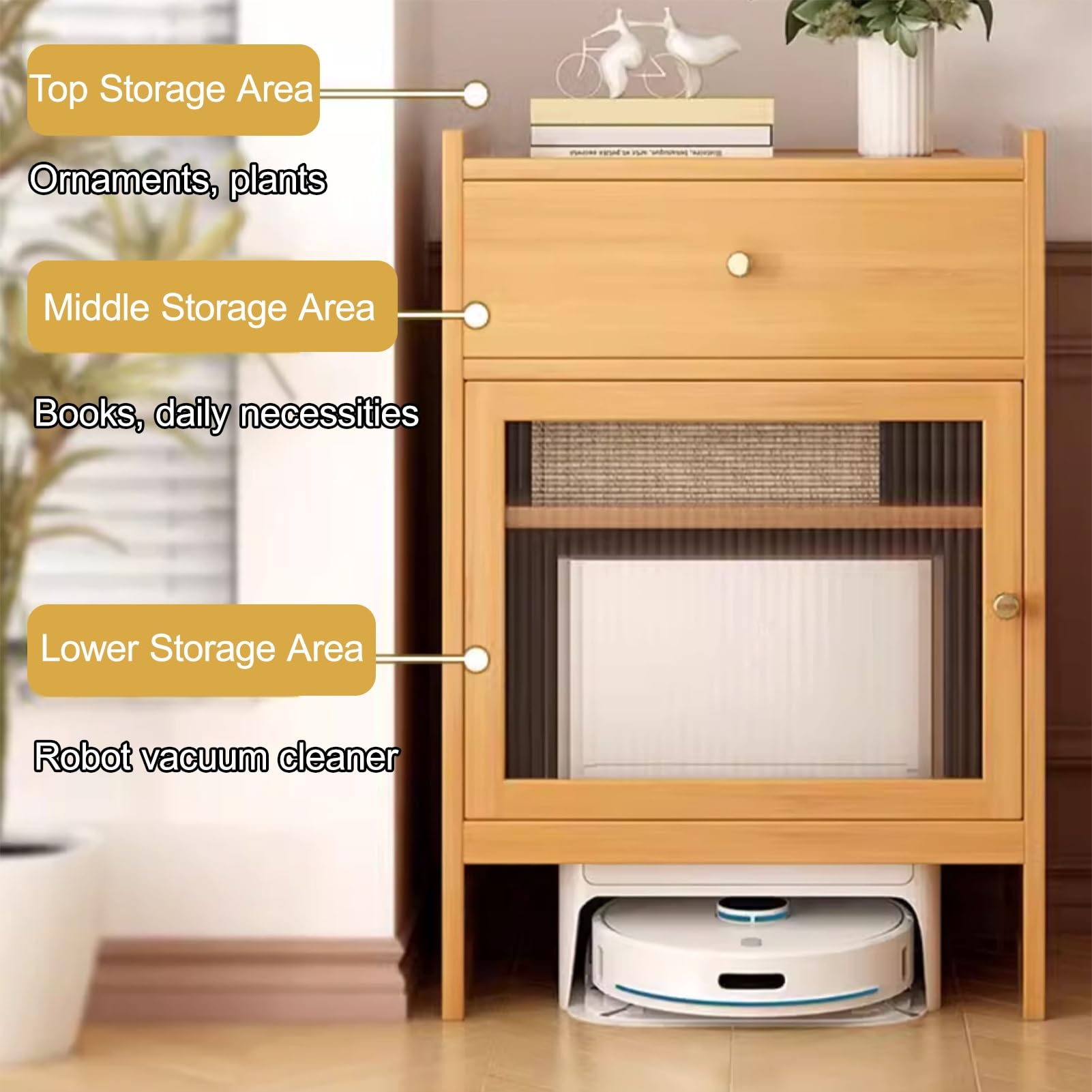 Armoire De Rangement pour Balayeuse, Meuble De Rangement Caché pour Aspirateur Robot, Petit Rangement, Table D'Appoint en Bois, pour Maison Ou Bureau(Black)