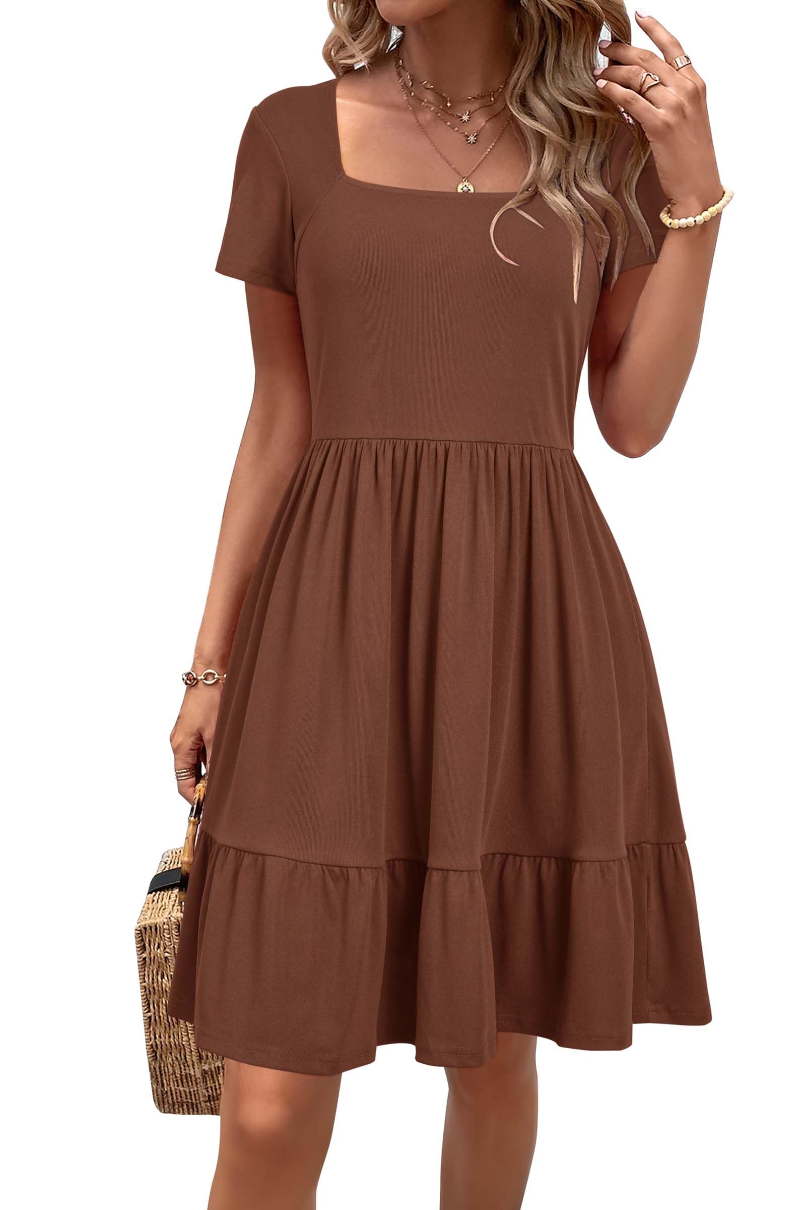 Newshows Sommerkleid Damen Knielang Sommer Kurzarm Kleid Quadratischer Ausschnitt Elegant Strandkleid Mit Taschen