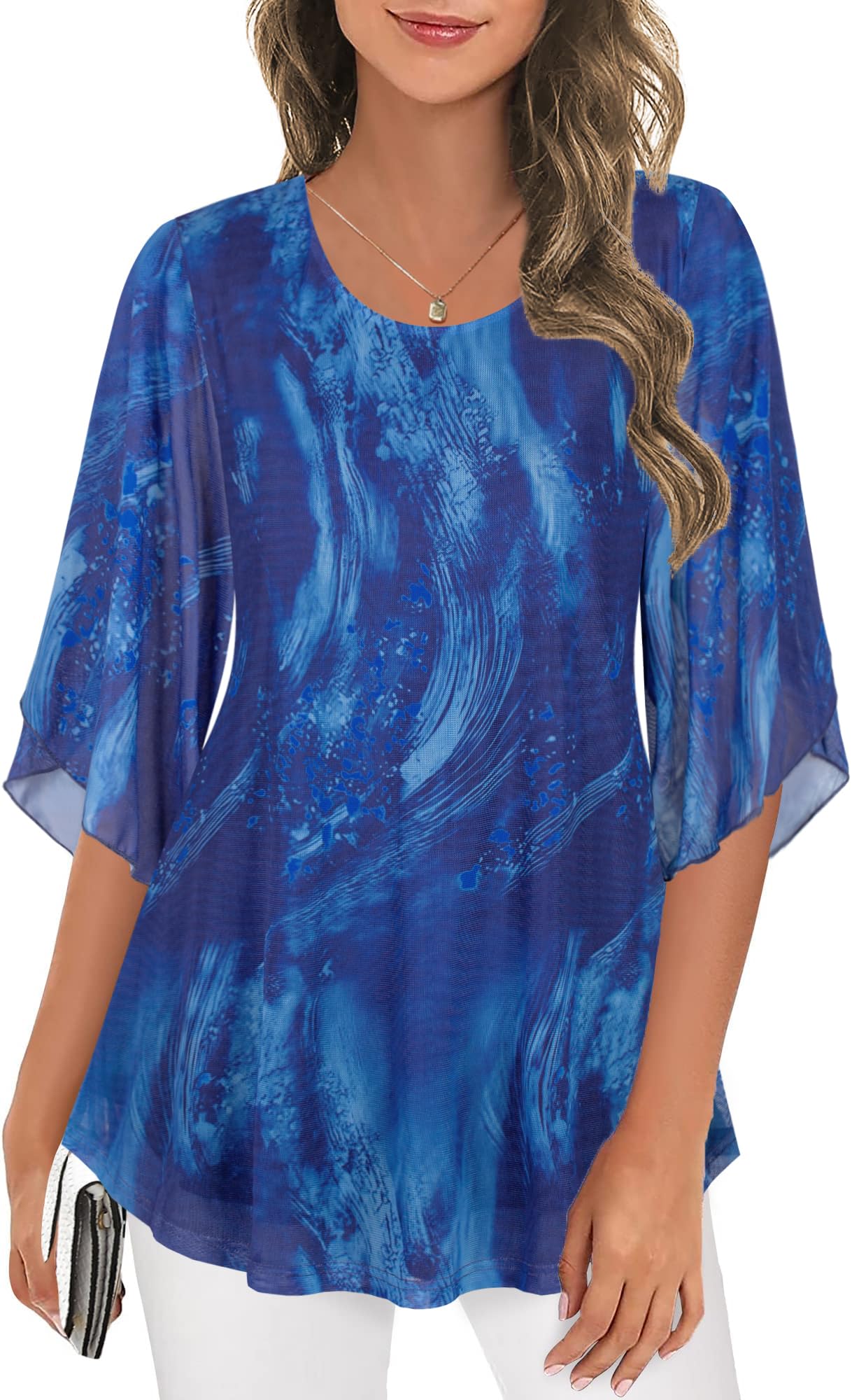 Ninedaily Women's Tops 3/4 Sleeve Blouses Dressy Casual Double Layers Mesh Tunic Shirts