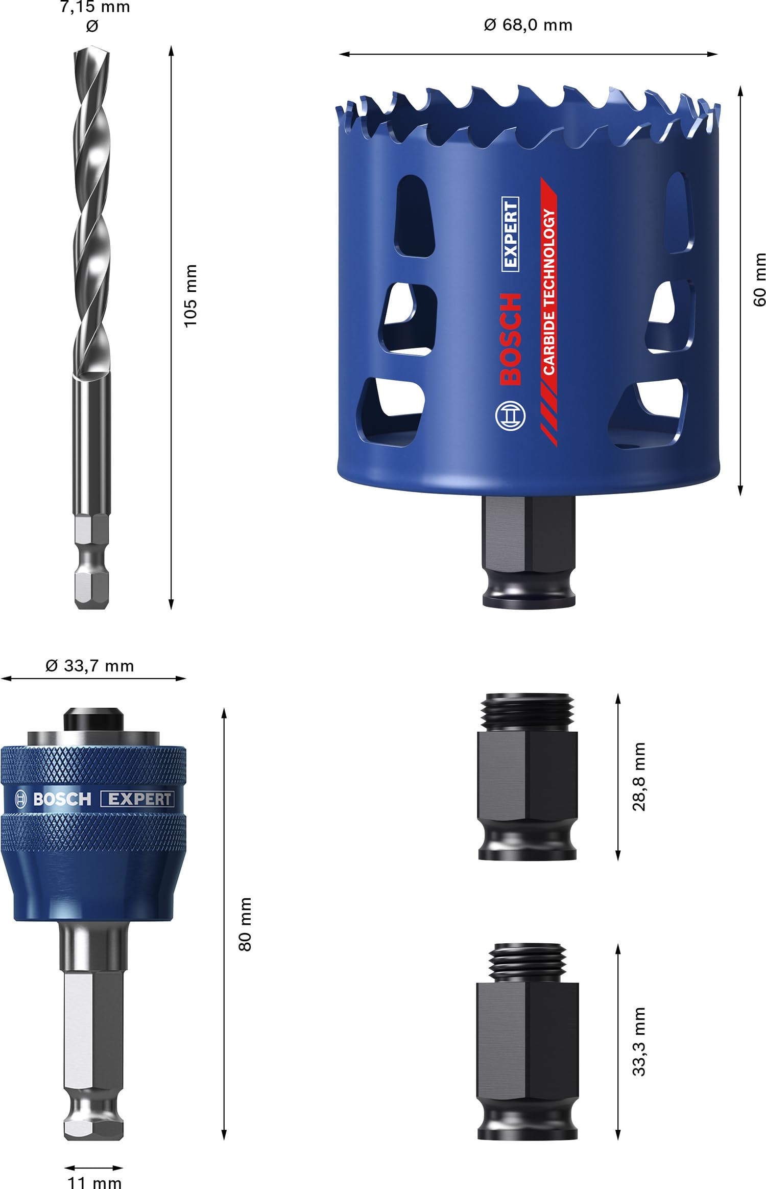 Bosch 3x Starter Set di seghe a tazza EXPERT Multi Material PC Plus (per Legno con metallo, Mattone, Ø 68 mm, Professional Accessorio Trapano)