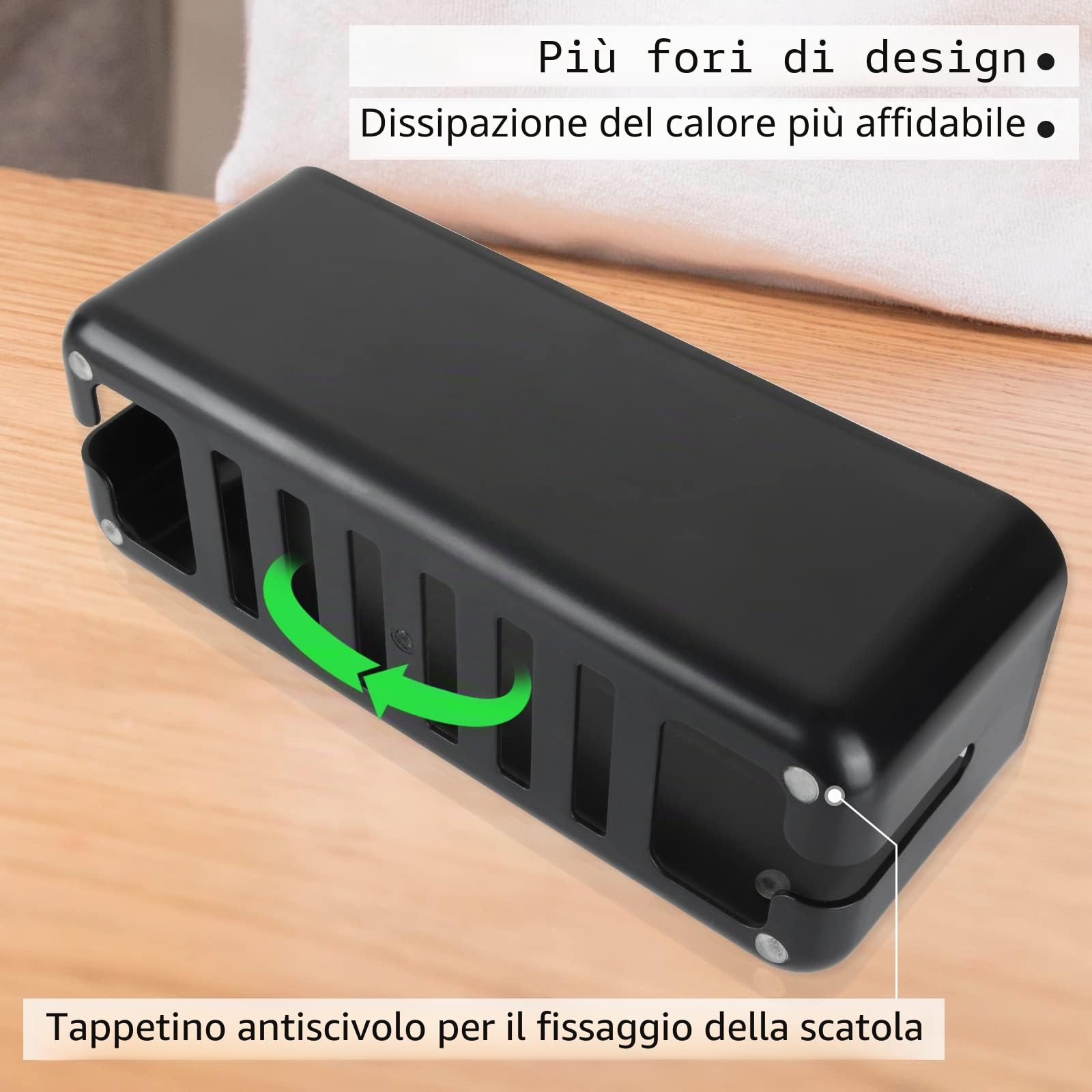 SENENQU 2 Pezzi Scatola Porta Cavi Nera, Nascondi Cavi per Ciabatte e Prese, Organizer Elegante con Coperchio Effetto Legno, Aperture Laterali, Adesivi 3M, per Scrivania Casa Ufficio