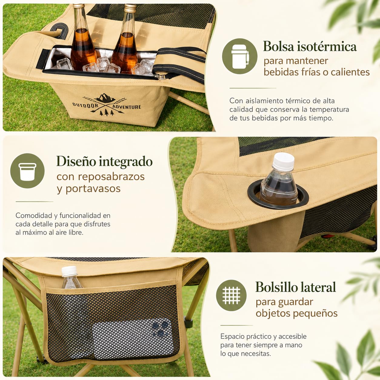 Silla Camping Plegable, 2 en 1 Sillas Playa con Footrest, Regulación de Altura en 4 Posiciones, Incluye Bolsa Isotérmica y Portavasos, Hasta 120KG, para Outdoor Camping Garden Fishing Terrace