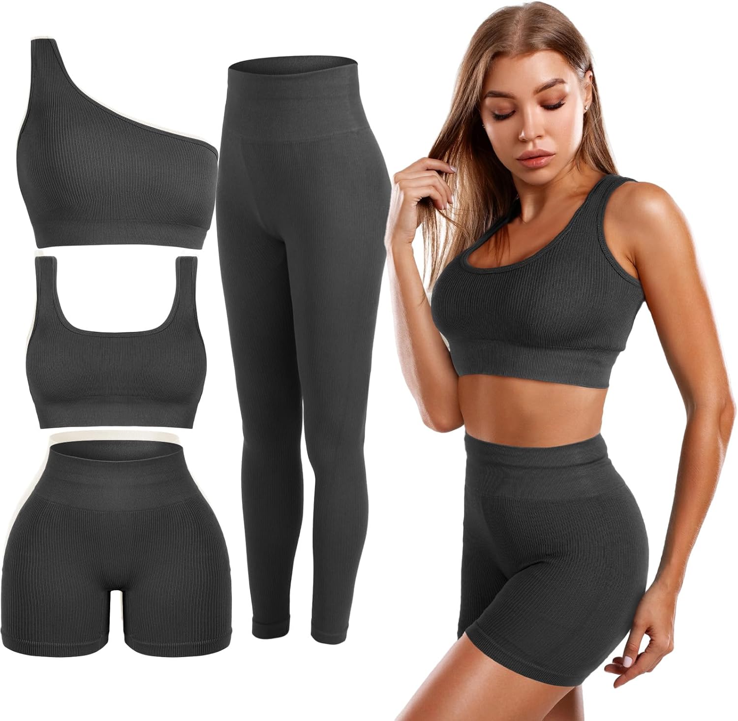 4 Pcs Women's Workout Sets Pilates Exercise Outfit Ribbed Scoop Neck Sports Bra Shorts Leggings Gym Clothes Set
