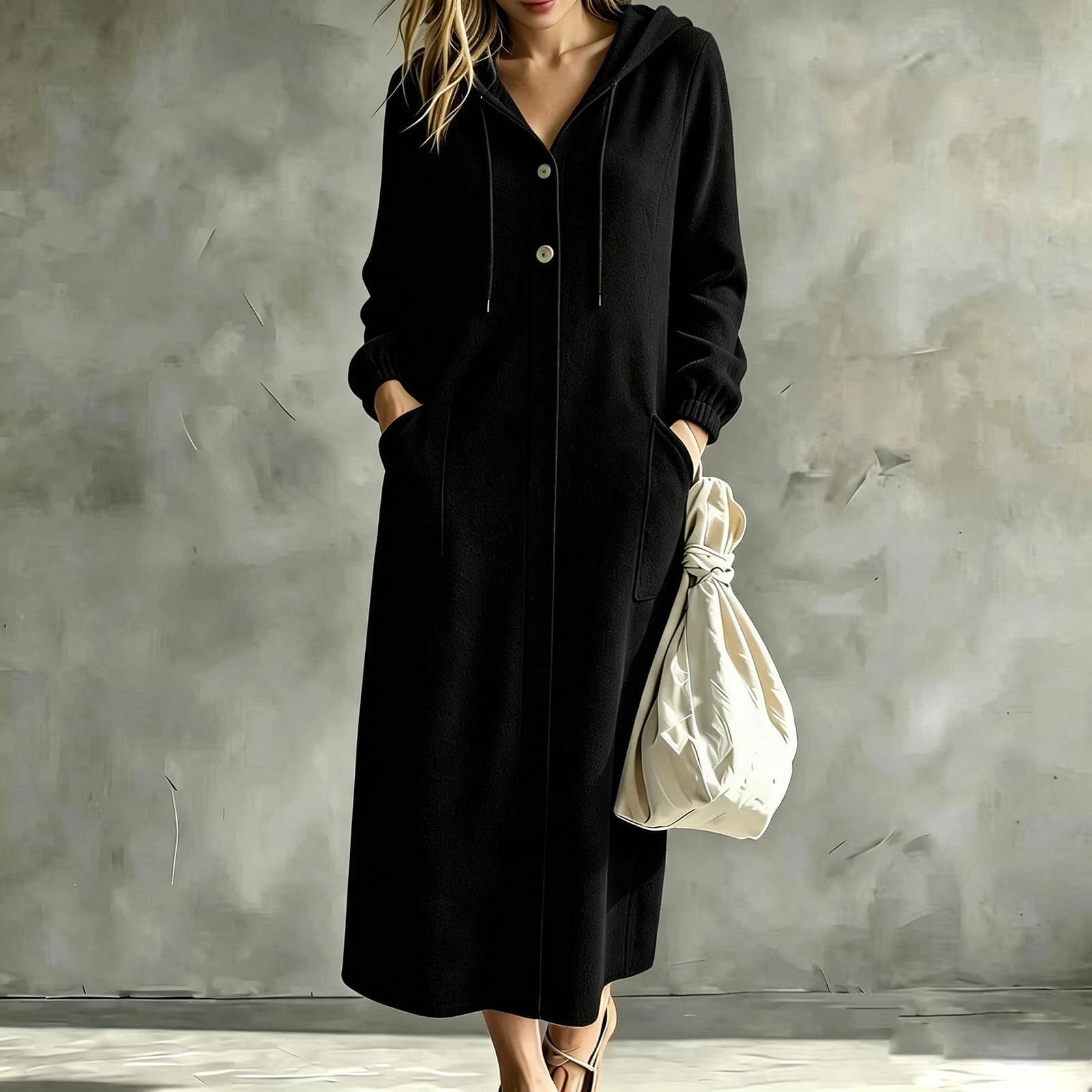 FUPODD Mantel Damen Lang Kapuzenjacke Mit Taschen Wintermantel Hoodie Jacke