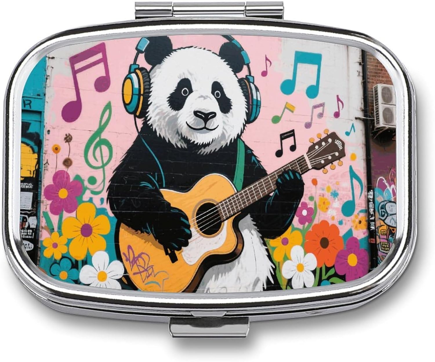 Street Graffiti Art Pill Case 2-Compartment Pill Organizer with Mirror- Portable Medicine Container for Purse & Travel, Small Medicine Box for Vitamins, Fish Oil, Supplements