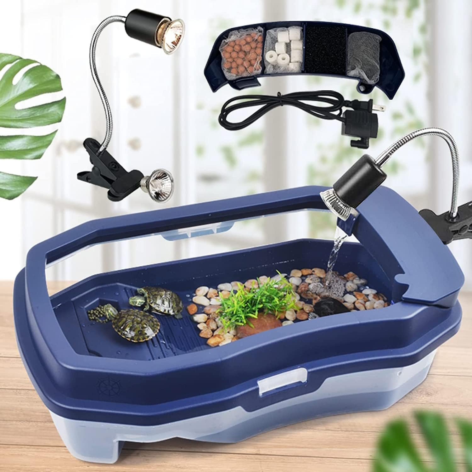 Turtle Tank Habitat, Aquatic Turtle Tortoise Aquarium Starter Kit with UV Basking Platform Light Lamp, Multi-Function Area, Water Pump Filter, for Small Reptile Hermit Crab (Large)