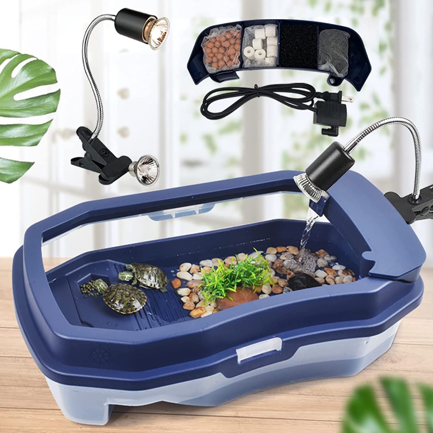 SKADE Turtle Tank Habitat, Aquatic Turtle Tortoise Aquarium Starter Kit with UV Basking Platform Light Lamp, Multi-Function Area, Water Pump Filter, for Small Reptile Hermit Crab (Large)