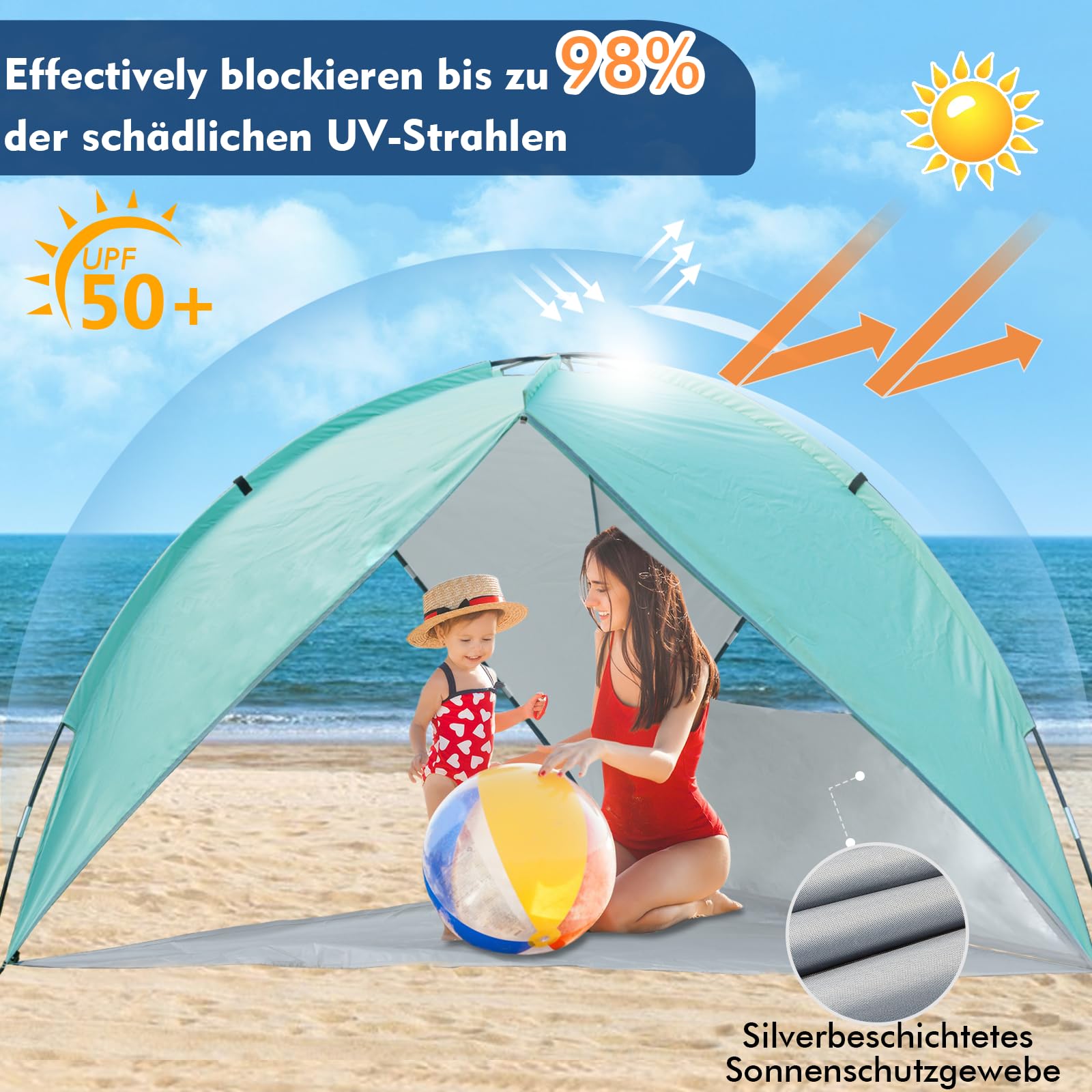 Tente De Plage NXONE 2-3 Personnes UV - L'abri Parasol Vert Menthe, Compact !