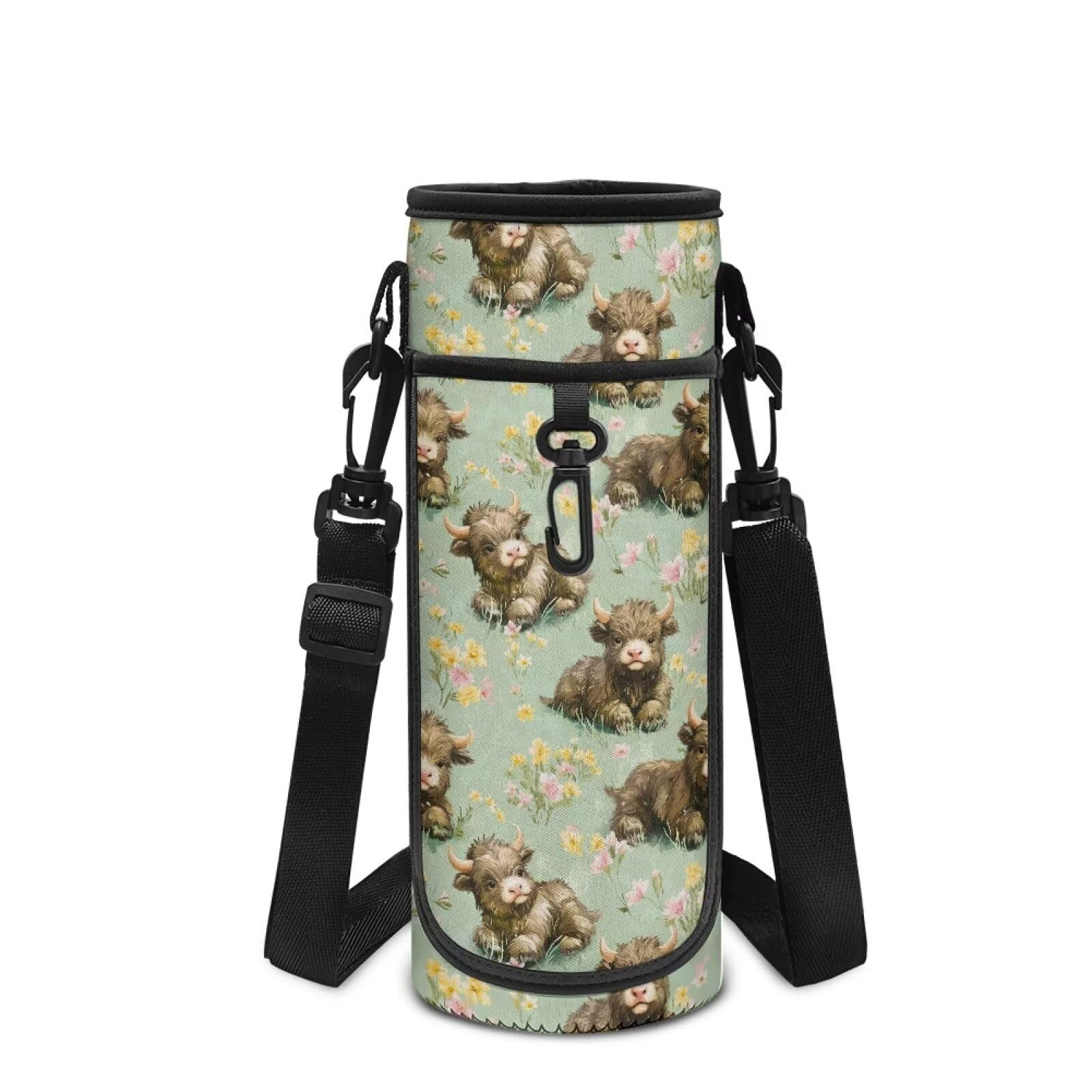 POLERO Highland Cow Water Bottle Holder Girls Cute Neoprene Sleeve Drink Bottle Carrier Sling Bag with Shoulder Strap