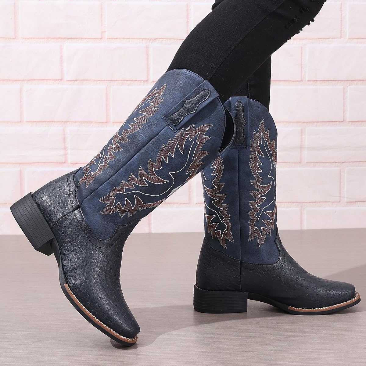 SelRoys Cowboy Boots for Women Cowgirl Western Mid Calf Square Toe Embroidered Low Heel Fashion Country Boots