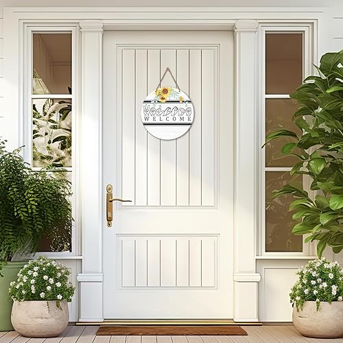 Miniatura 5 de Placa de madera para colgar en la pared, letrero redondo de madera de bienvenida con cordel, decoración de lenguaje de signos florales, puerta,