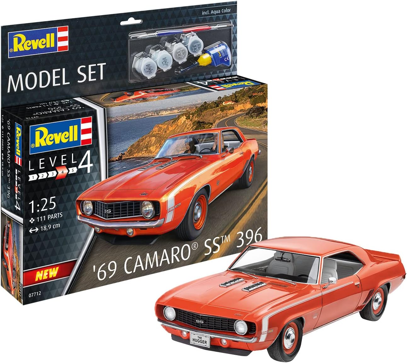 Revell Model Set 67712 69 Camaro SS 396 1:25 Scale Unbuilt/Unpainted Plastic Model Kit with Contacta Professional Glue, Paintbrush & Selected Aqua Color Paints
