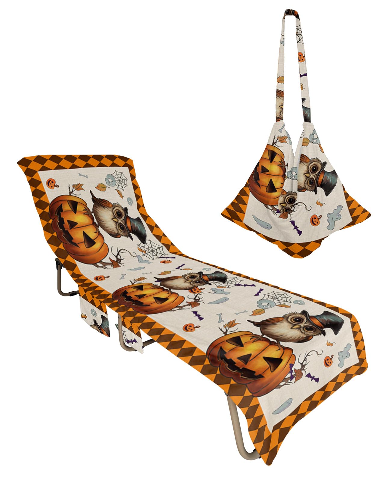 Halloween Beach Lounge Chair Towel Cover, Soft Chaise Lounge Towel with Side Pockets Patio Pool Chairs Cover for Beach/Pool Sunbathing 29x85 Orange Brown Plaid Owl Pumpkin Ghost