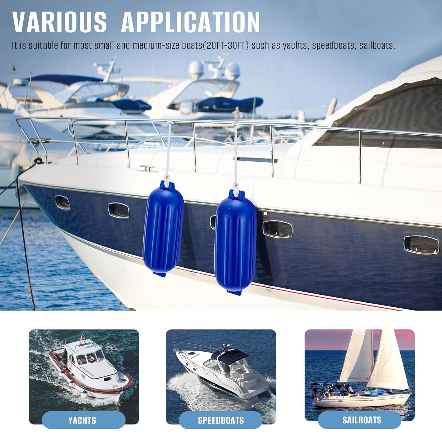 NEWFUN Set de 4 Pare Battage pour Bateau,PVC 50x14cm Garde-Boue De Bateau, Lignes d'ailes Incluses, Garde-Boue Nervuré Gonflable avec Trous Centraux,Convient aux Bateaux de 3 à 6 Mètres
