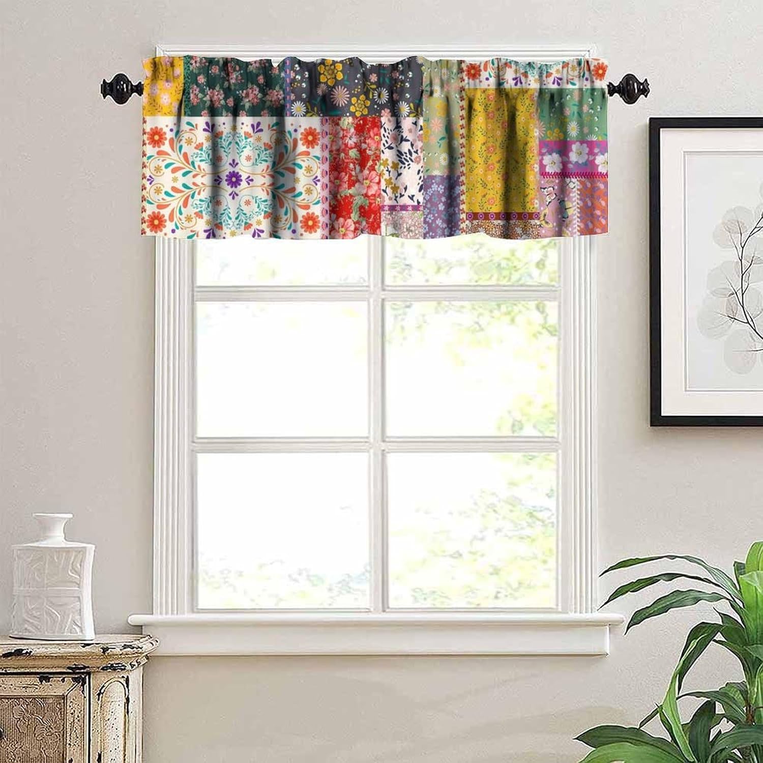 Patchwork Flower Kitchen Curtain Valance, Bohemian Colorful Botanical Vintage Retro Indian Pocket Short Cafe Small Window Treatment Drapes Decor 54W x 18L Inch
