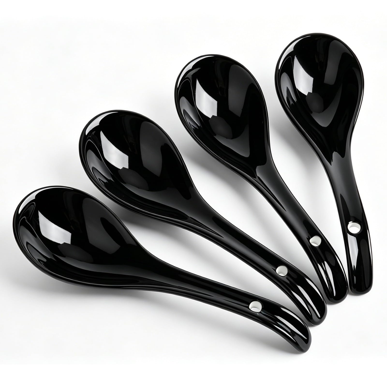 DOWAN Soup Spoons, Ceramic Asian Soup Spoons, Black Japanese Spoon Large for Ramen Pho Wonton Dumpling Miso, Deep Oval Hook Design, Set of 4 (Black)