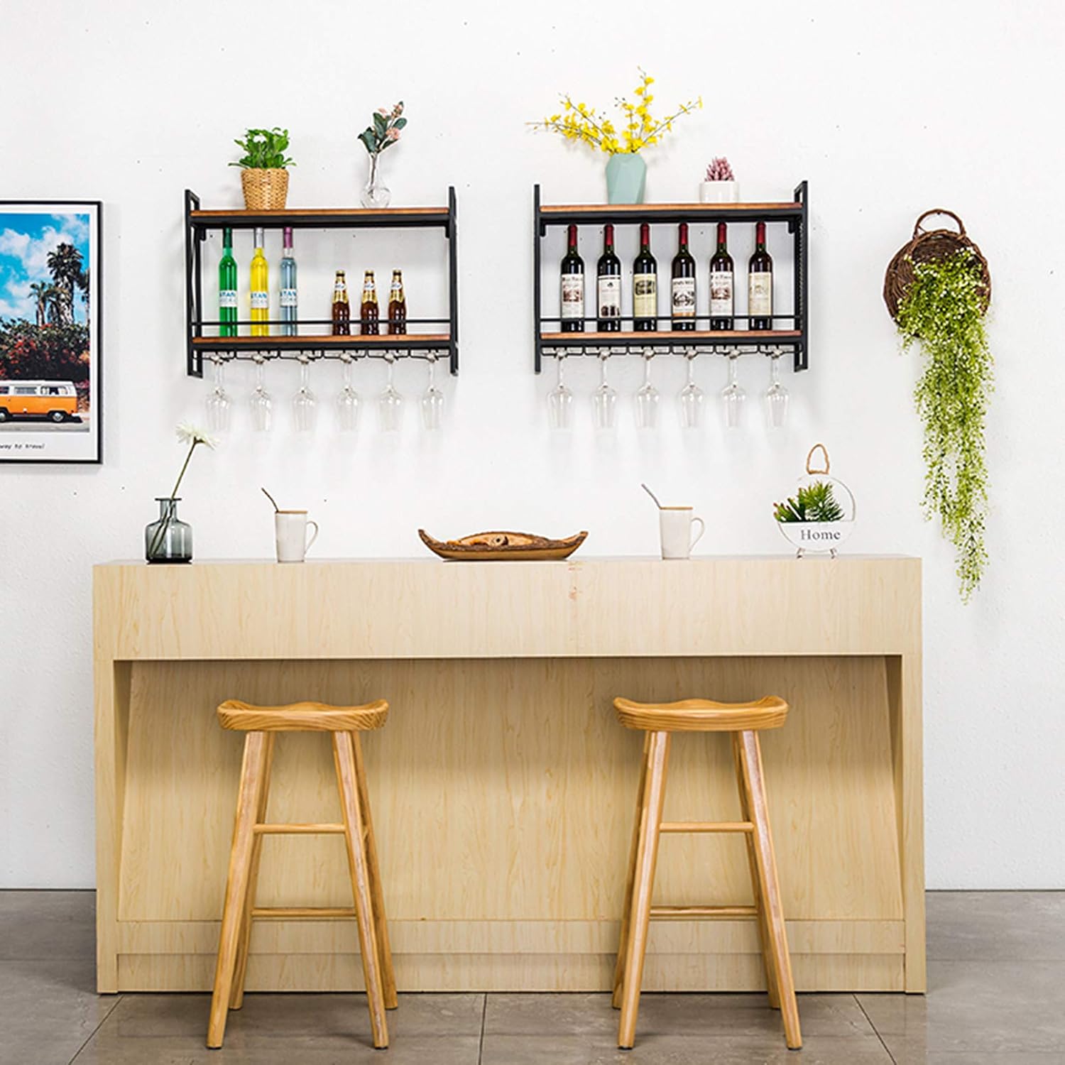 Wall Mounted Wine Rack - 6 Stem Glass Holder, Metal Hanging Storage Shelf for Kitchen Decor, Rustic Farmhouse Style, Fully Assembled Wine Display Solution