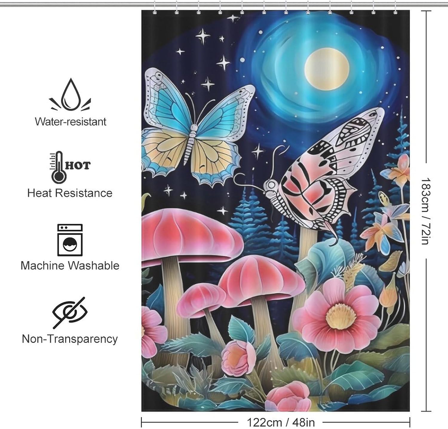 Romantic Mushroom Butterfly Flower Funny Shower Curtains Washable Bath Curtain Liner with Hooks for Bathroom Bath Tubs