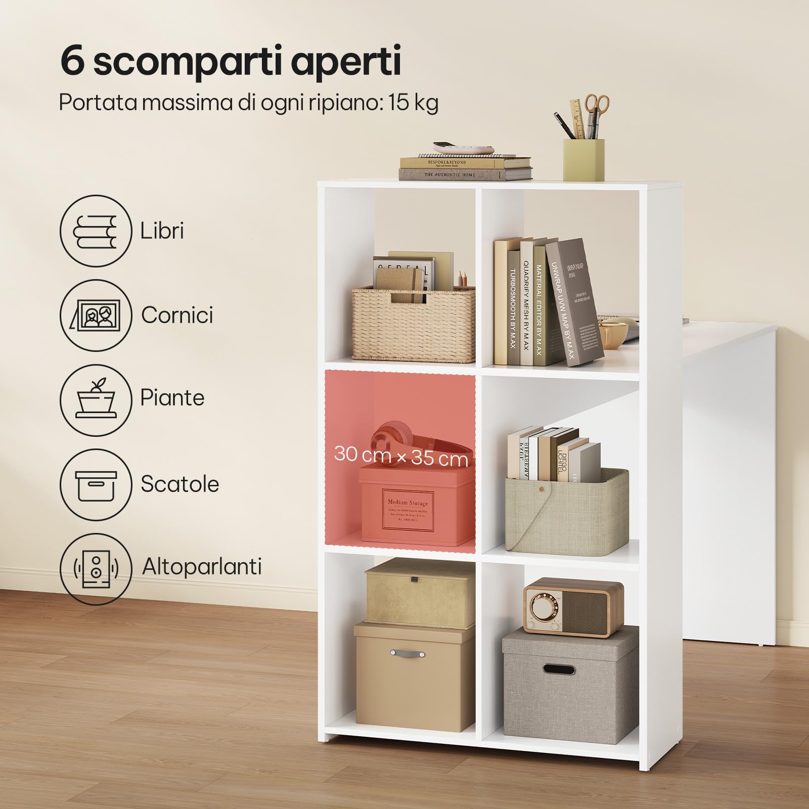 eSituro Scrivania con Libreria a 3 Ripiani, 120 x 63 x 111 cm, Bianca | 6 Scomparti Aperti, Design Salvaspazio, per Studio e Camera da Letto