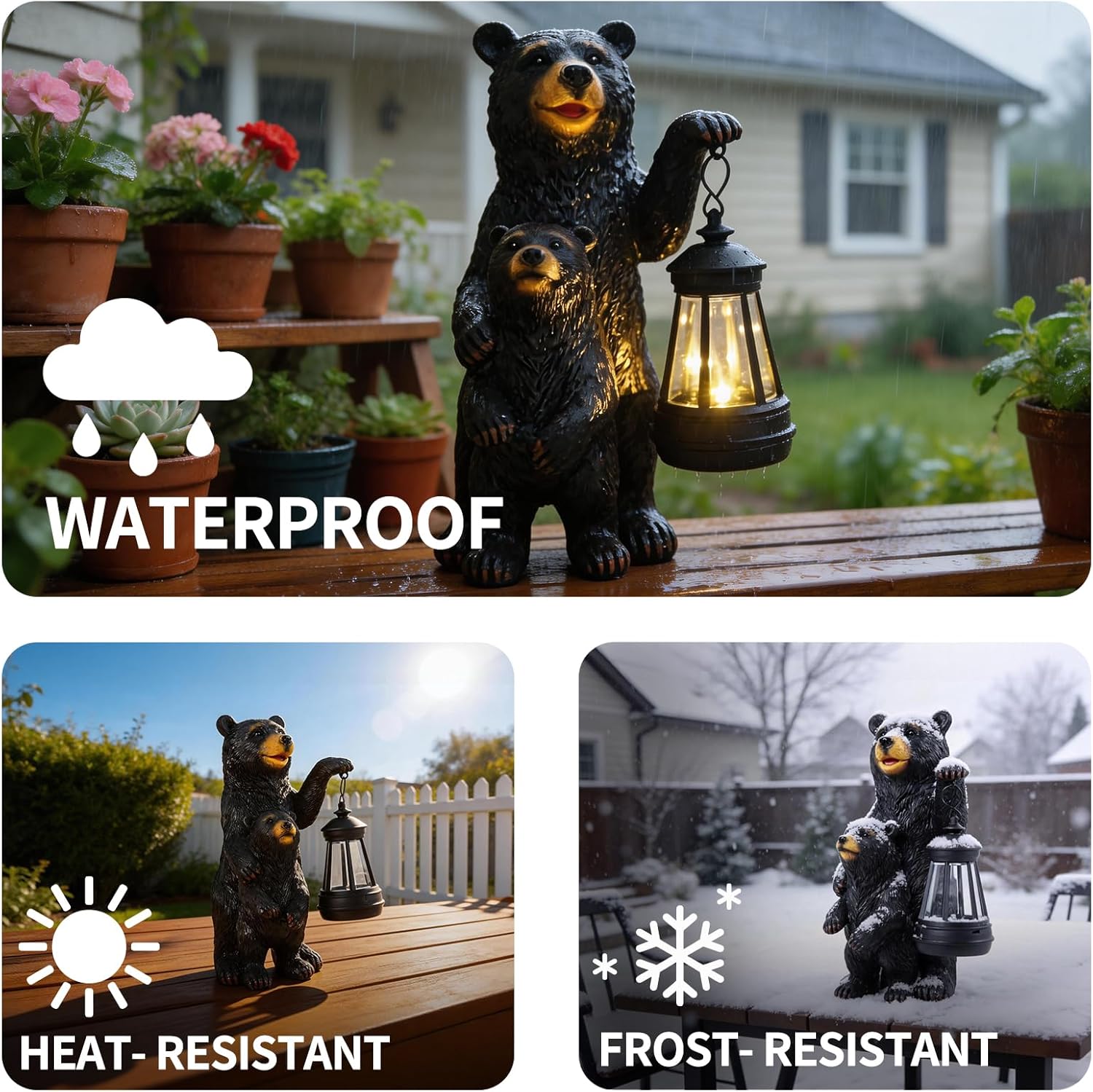 Solar Garden Statue Bear Family - 10" H Resin Outdoor Statue with Solar Powered Lantern - Welcome Bear Decor Outdoor, Unique Birthday Gifts for Women - Waterproof Patio Yard Decorations