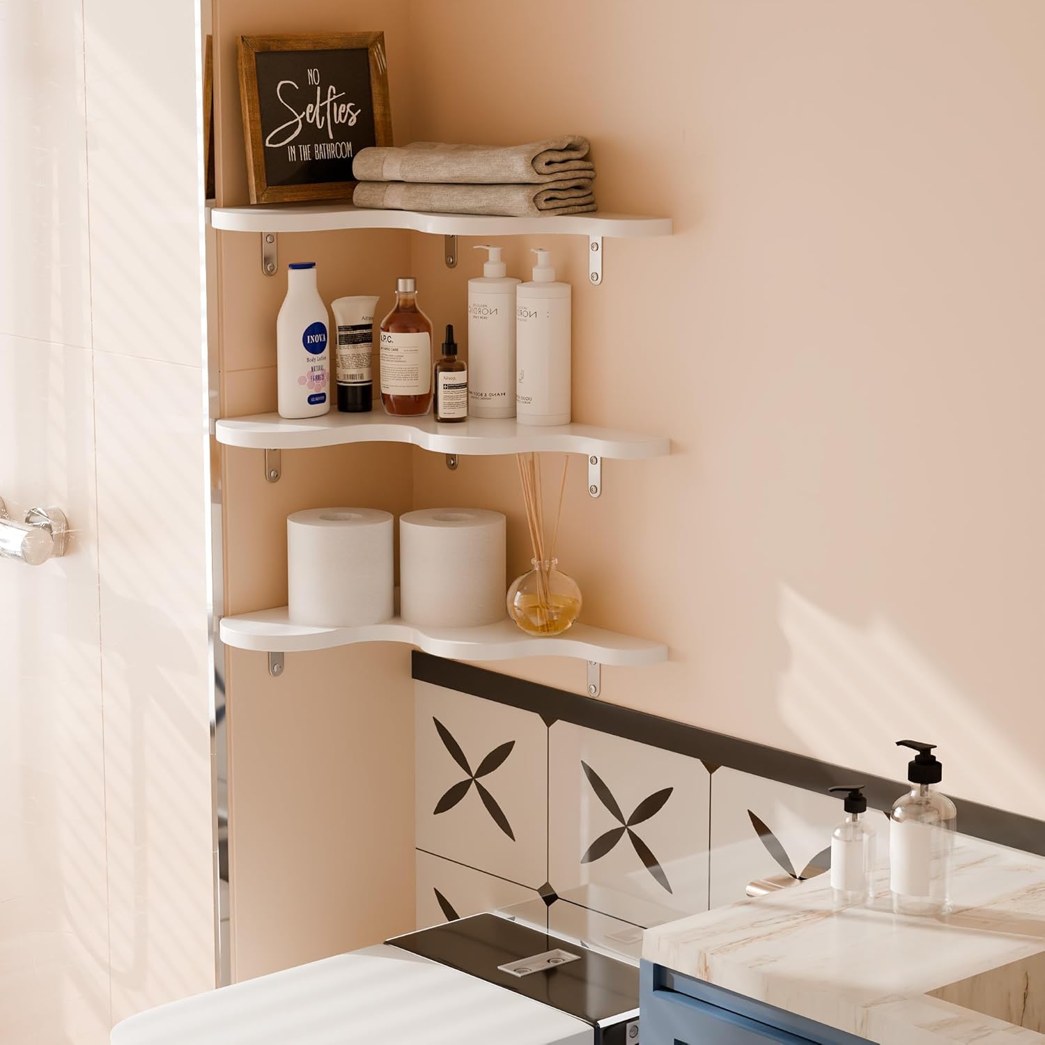 Cute Cloud Corner Shelves - Set of 3 White Wooden Floating Corner Shelves Wall Mounted, 90-Degree Space-Saving Nursery Shelves with Brackets, Kids Room Decor for Bedroom,Living Room,Bathroom