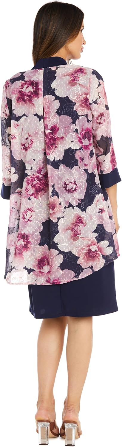 Navy & Mauve Floral 3/4 Sleeve Jacket W/Sheath Dress