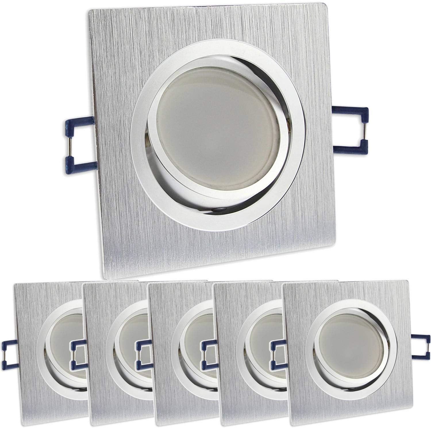 6x Juego de focos empotrables LED cuadrado - plata cepillada 5 vatios blanco neutral regulables 230V planos (30mm de profundidad) - luz empotrada giratoria Ø 70mm agujero de