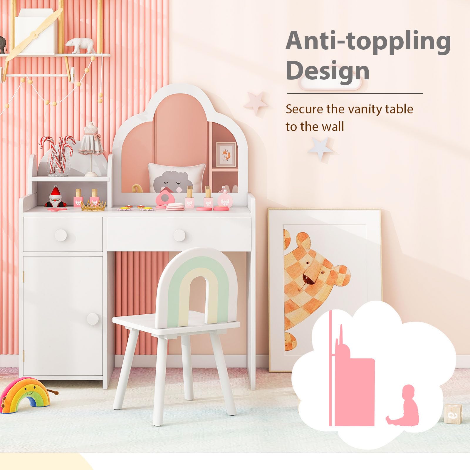 LIFEZEAL 2 en 1 Coiffeuse Enfant Fille avec Chaise & Miroir Amovible, Table de Maquillage avec Tabouret, Casier, 2 Tiroirs, étagère, Bureau en Bois 3-7 Ans, Blanc