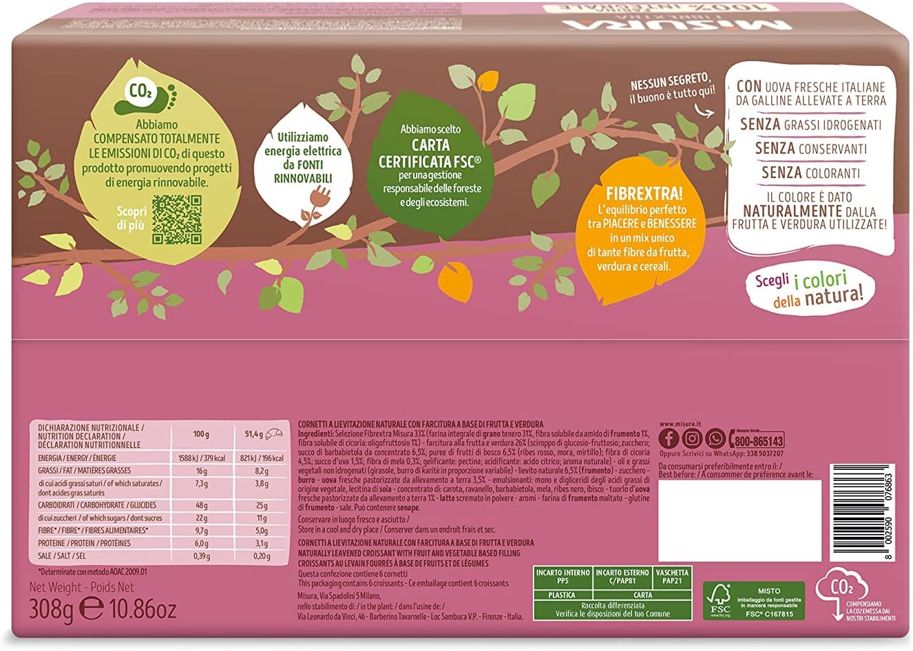 8X Misura Fibrextra Cornetti ai Frutti di Bosco, Barbabietola e Uva 100% Farina Integrale 308gr [CAIYA® BOX da 8 Confezioni]