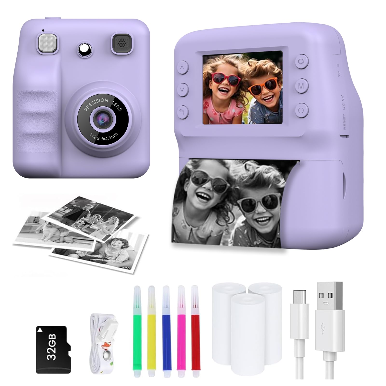 YOBWOK Kids Camera Instant Print,Christmas Birthday Gifts for Girl Boys 3-12 Years Old, FHD Selfie Digital Video Cameras Toddler 3 Rolls Print Paper & 32G SD Card,Purple