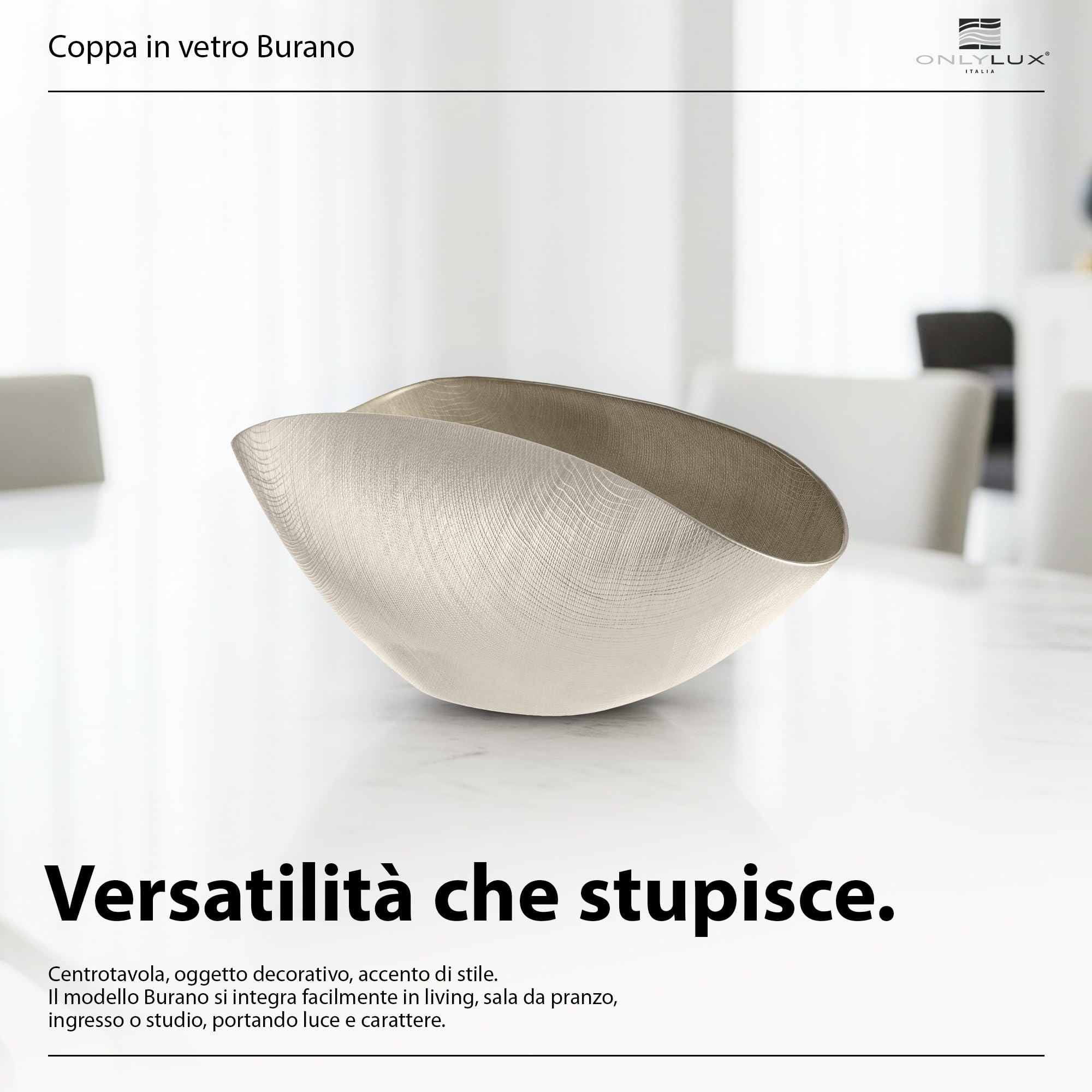 Onlylux Coppa Burano - Centrotavola in Vetro Centrifugato Decorato a Mano, Design Artistico Ovale, Dimensioni 38x11 cm, Svuotatasche di Design per Arredamento di Lusso e Idee Regalo