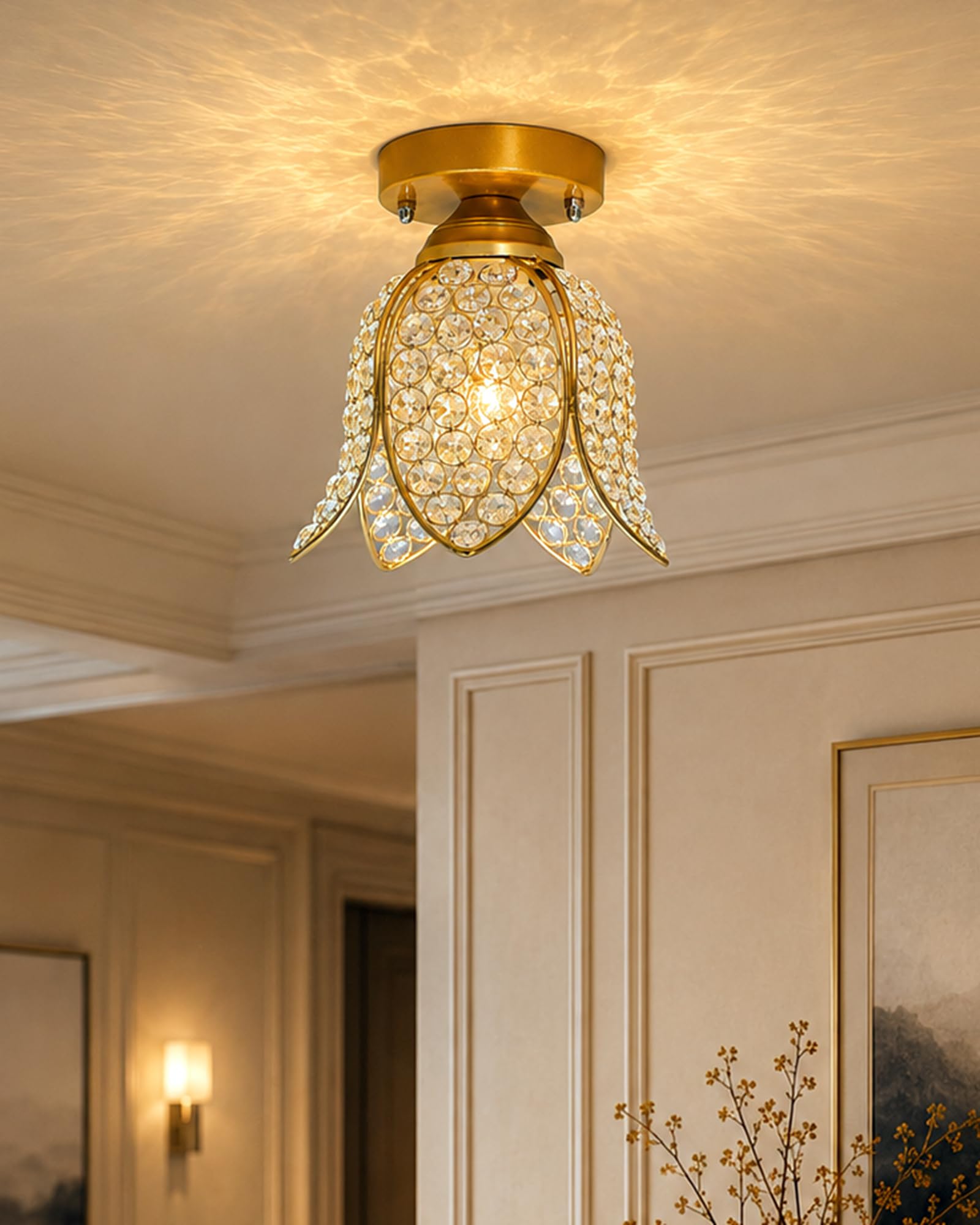 Homesake Gold Metal Lotus Crystal Flush Mount Ceiling Light, for Hallway Light Fixture Ceiling (Gold)-image-37