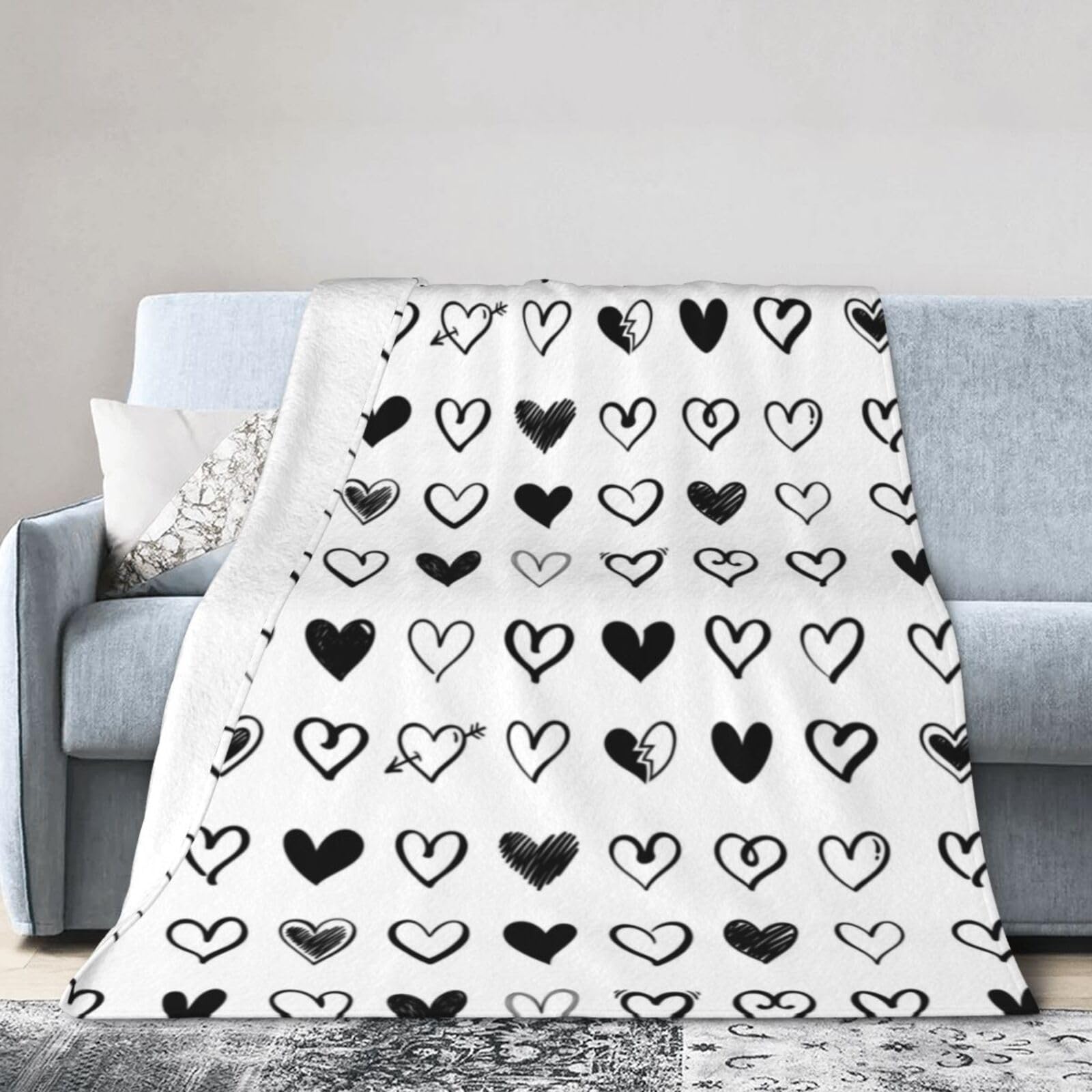 Noble Ren Black White Heart Symbol Ultra-Soft Micro Fleece Blanket Winter Warm Soft Lannel Fleece Throw Blanket For Couch Sofa Bed 80"X60"