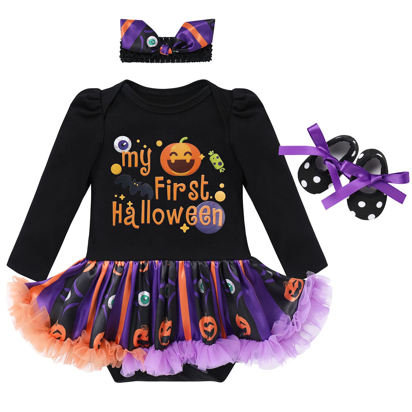 Baby Girl My 1st Halloween Outfit Infant Trick or Treat Tutu Set Newborn Halloween Party Clothes Pumpkin Mask Witch Cotton Romper Dress Bodysuit + Bowknot Headband + Shoes 3pcs Set 0-18 Months