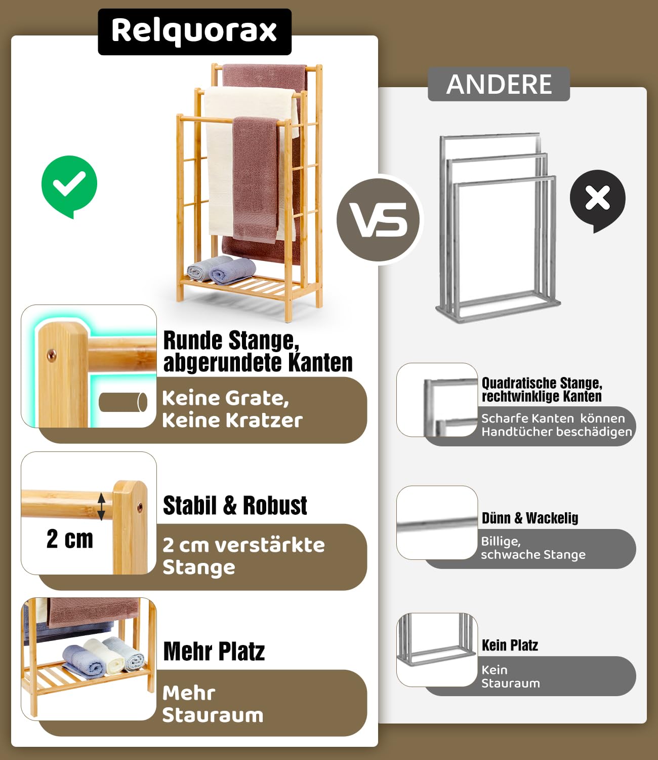 Portasciugamani in bambù con ripiano, portasciugamani indipendente, scaletta portasciugamani con 3 aste, bagno, soggiorno, salvaspazio (altezza 86 cm)