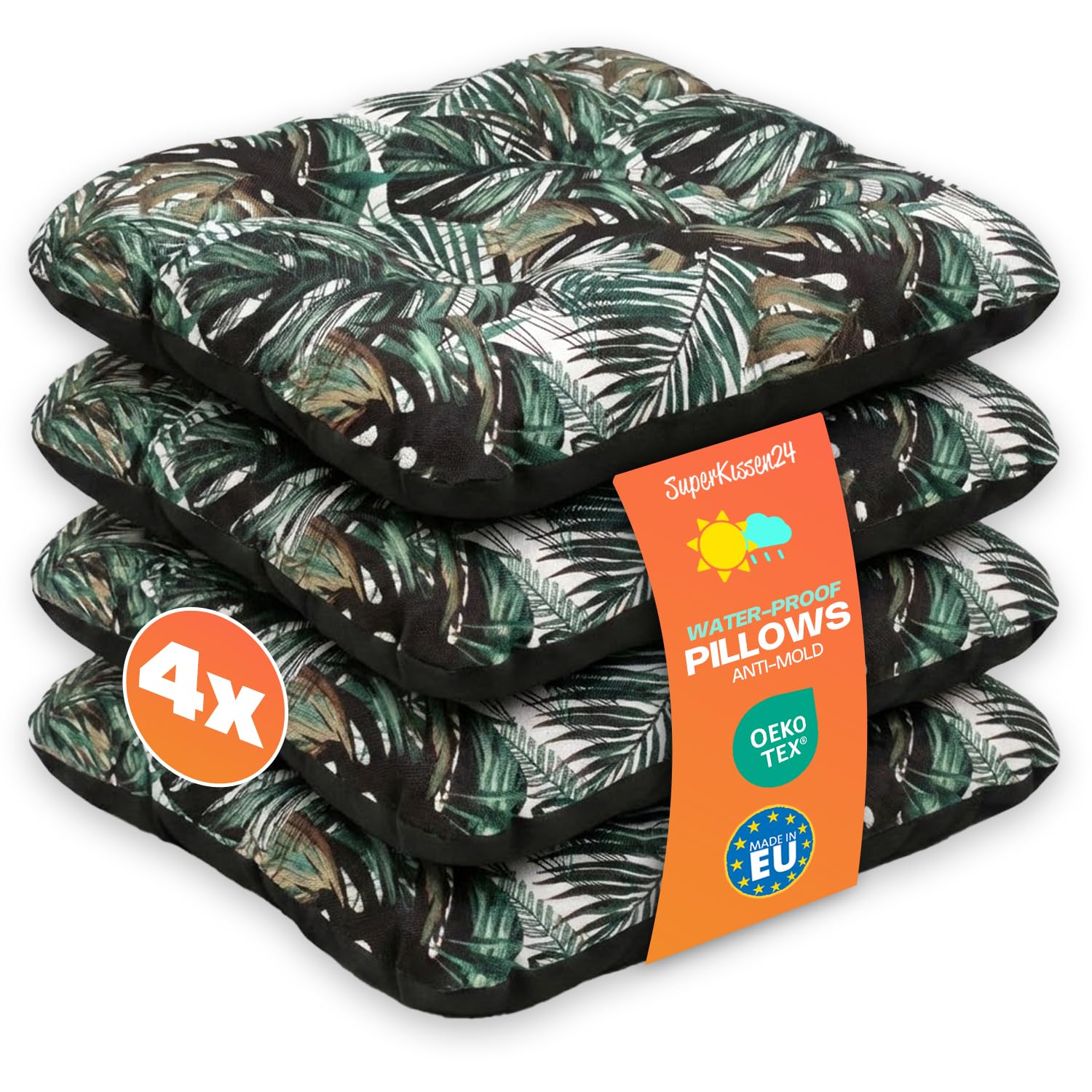SuperKissen24. Set di 4 Cuscini per Sedie - Cuscino 45x45 cm da Esterno ed Interno Comoda Seduta Impermeabile per Mobili e Arredamento da Giardino, per Pavimento - Exotic