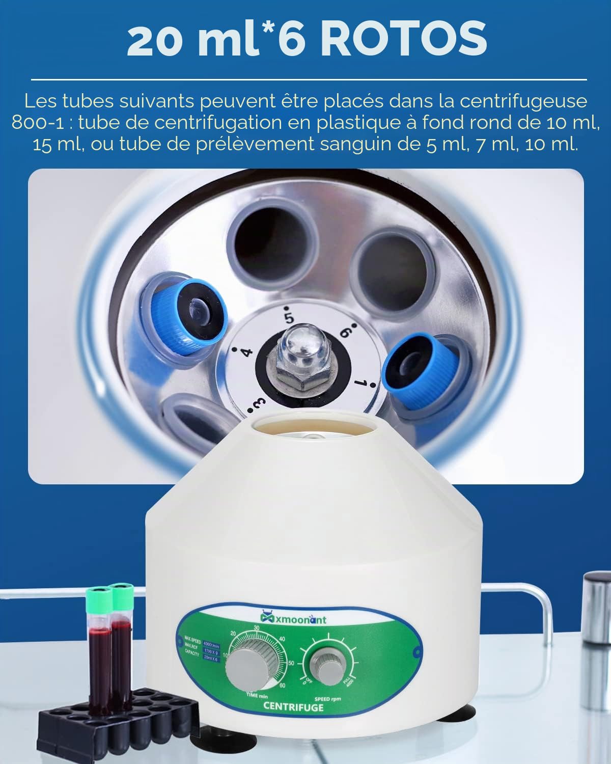 Mxmoonant Centrifugeuse de Laboratoire, 4000rpm, 6x20ml, 1790xg, 60min | pour Tubes à Essais 20ml/15ml/10ml/5ml, pour PRP, Séparation D'échantillons, Analyse Qualitative (Prise EU)