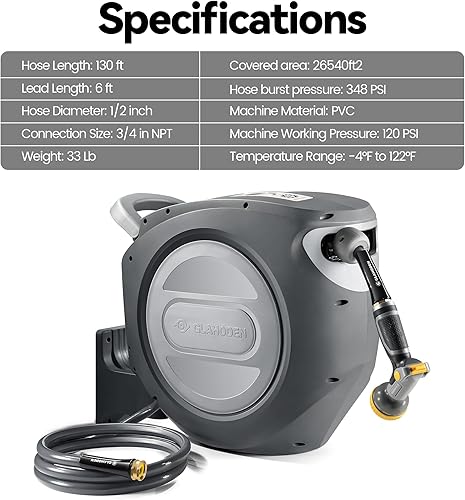 Miniatura 9 de GLAHODEN Carrete de manguera de jardín retráctil de 12 pulgada x 130 pies, resistente a los rayos UV, resistente, carrete de manguera automático,